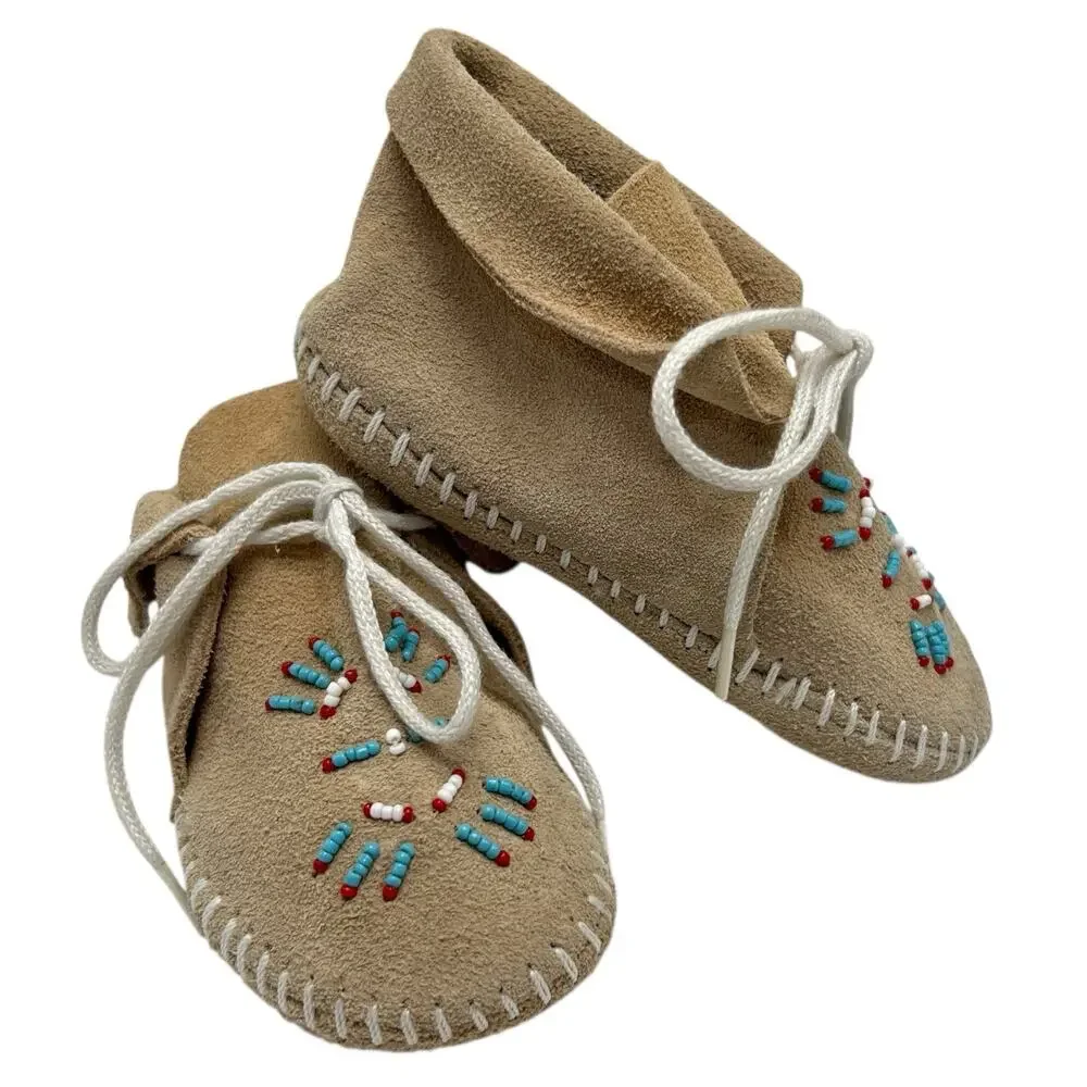 VTG TAOS Baby Infant Deer Skin Leather Moccasins Native Beaded Bird Shoes 9-12mo